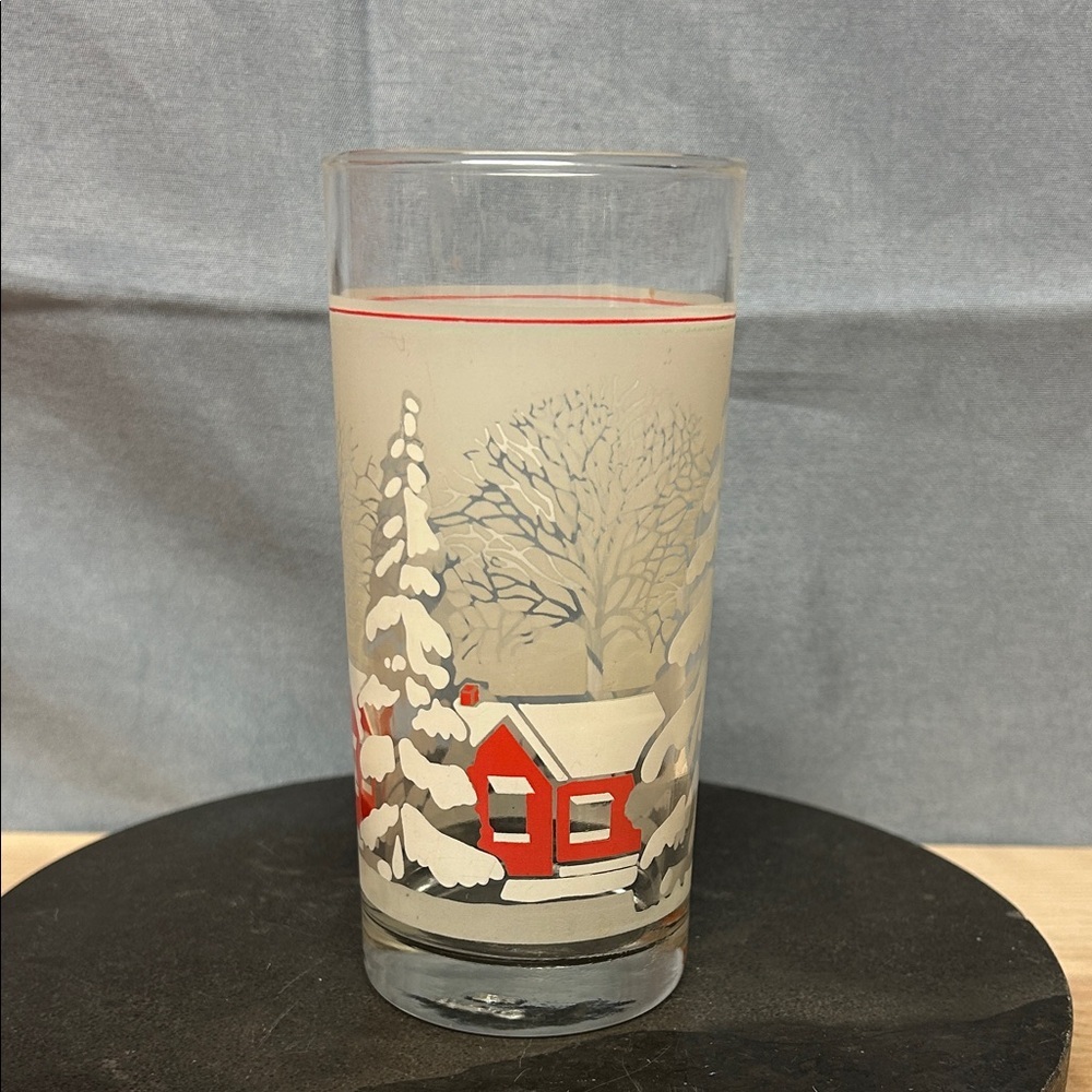 Vintage Made in Brazil Frosted Winter Scene With Red Cabin Tall Christmas Glasse